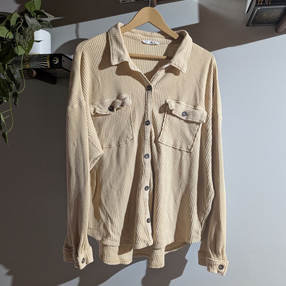 Double Zero | Oversized Waffle Knit Button Down Cotton Shirt Cream | Small